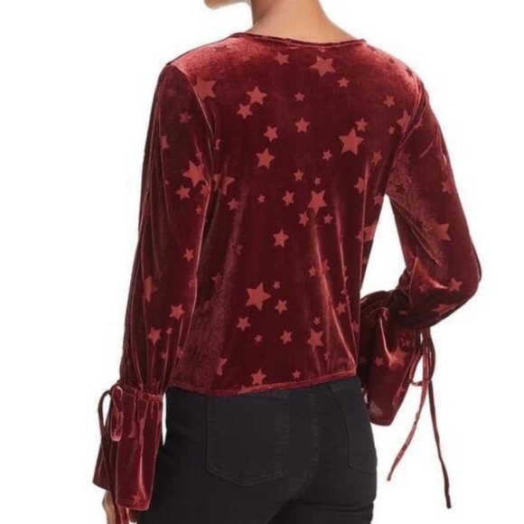 Vintage Havana Maroon Velvet Star Burnout Long Bell Sleeve Wrap Blouse Medium - Picture 6 of 6